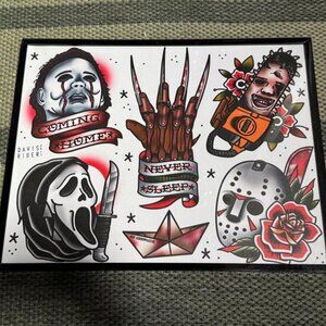 Horror movie themed tattoo flash sheet | slasher film tattoo art Davis Ryder